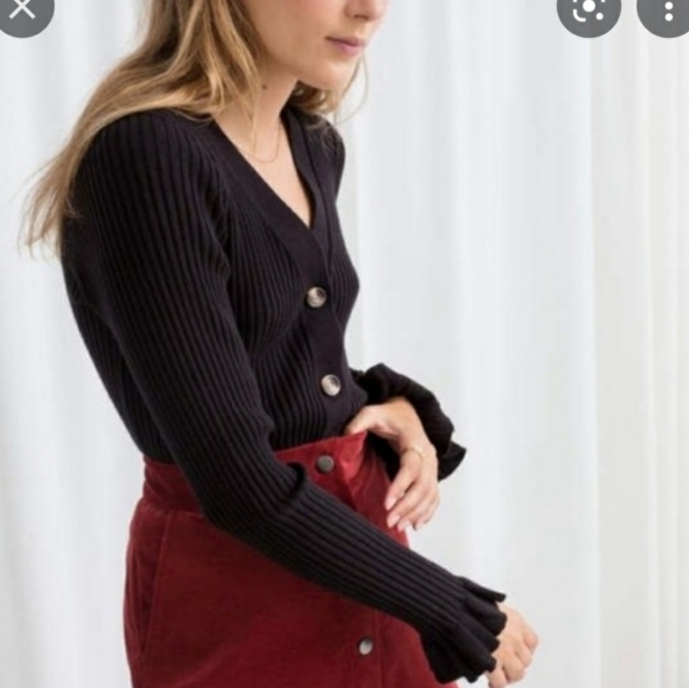 & Other Stories Black Ribbed Ruffle Cardigan